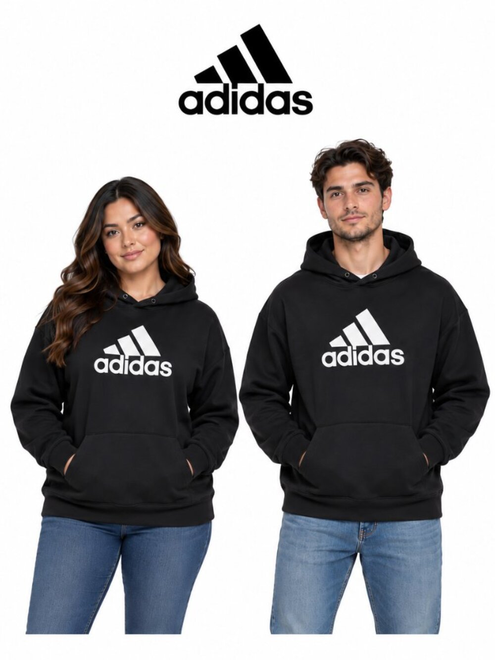 Adidas Essentials Fleece Hoodie Black White Logo Pullover Mens Large Unisex NEW